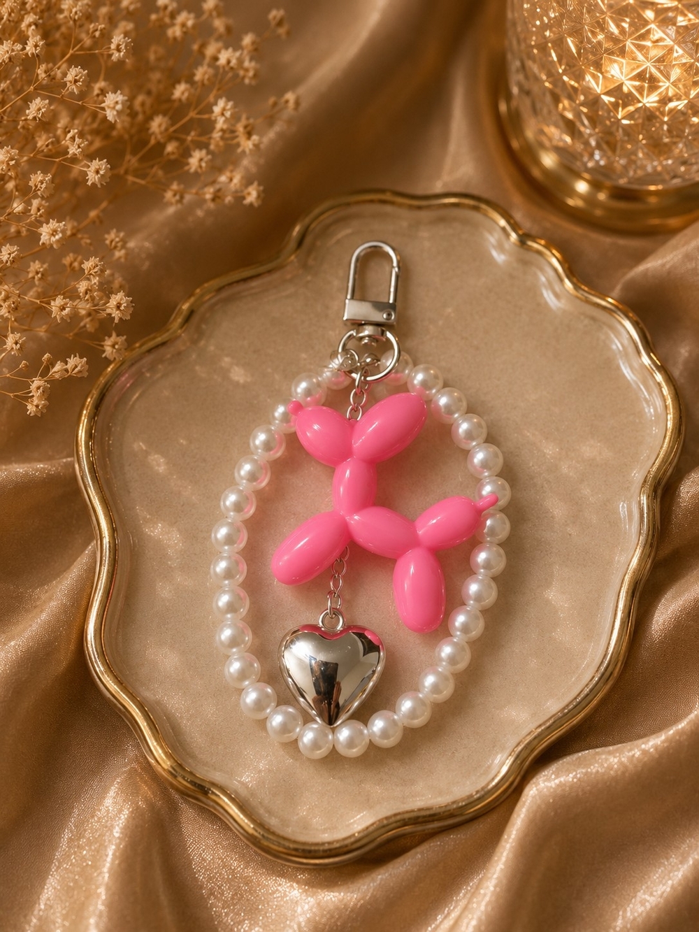 Pearl Beaded Keychain with Pink Balloon Dog & Silver Heart Charm